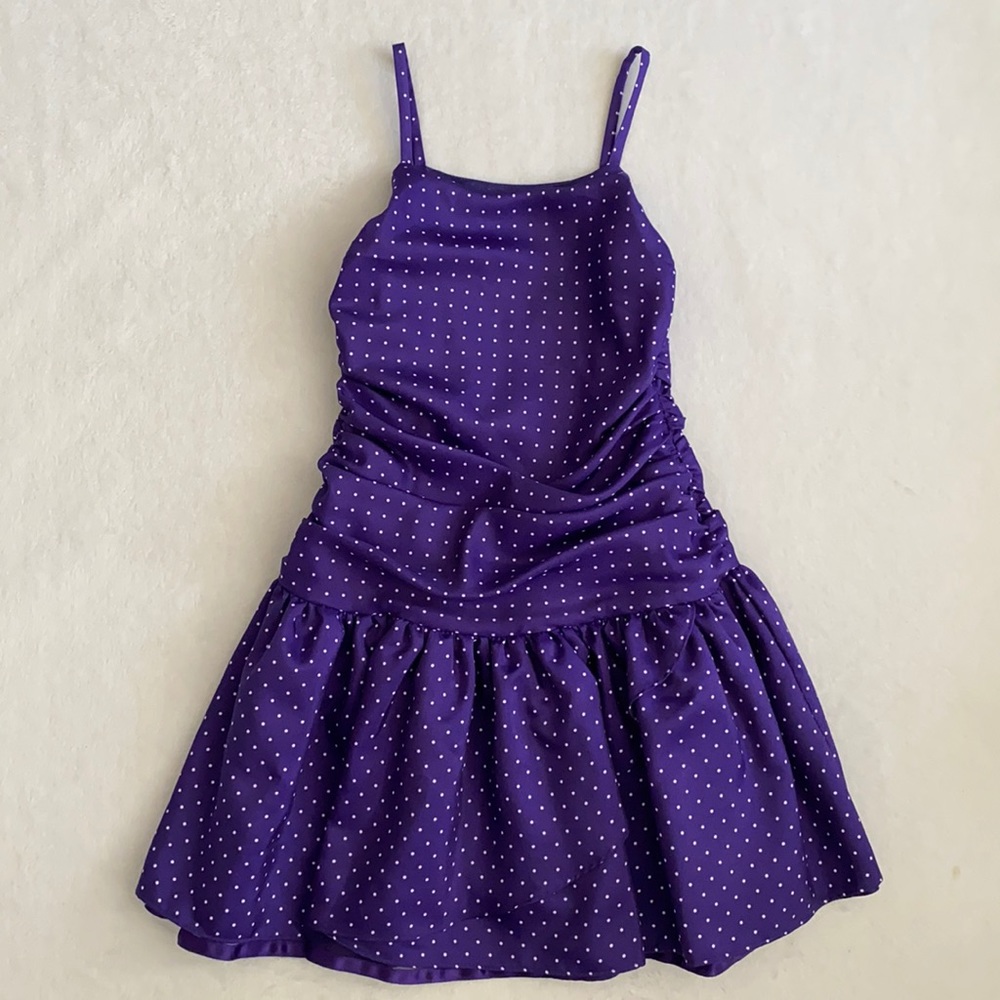 {VTG} Chaps | Y2K Polka Dot Spaghetti Strap Satin Ruched Drop Waist Dress (10)